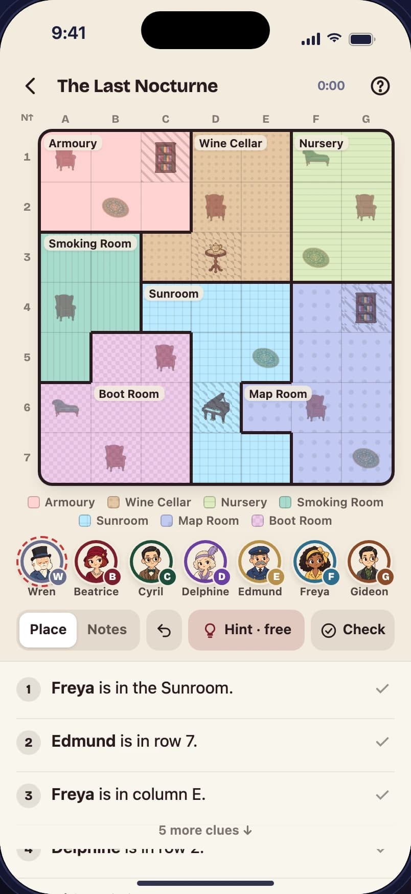The Ashcombe Manor board: a 7 by 7 map of manor rooms with seven suspects to place