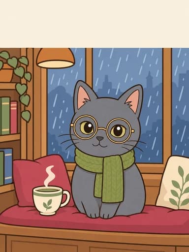 Professor Earl on a window seat on a rainy day with a teacup