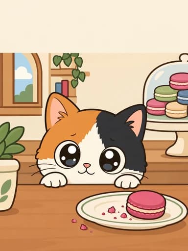 Pip peeking over the counter next to a plate with one macaron