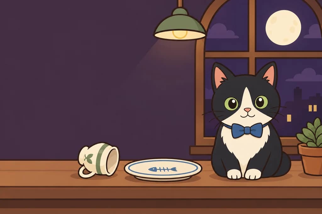 Tux on a café counter at night beside an empty fish plate and a tipped jug