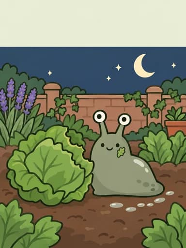 Sid the slug beside a nibbled lettuce under a crescent moon