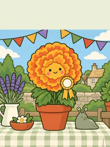 Marigold en una maceta con una escarapela, bajo los banderines de la fiesta