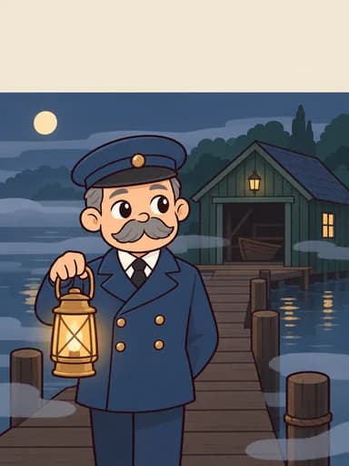 Edmund Pike with a lantern on a misty jetty by a boathouse