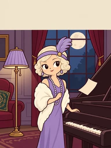 Delphine Roux junto a un piano de cola en una sala de música a la luz de la luna, con una lámpara de pie lila