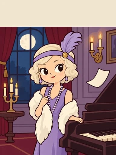 Delphine Roux beside a grand piano in a moonlit music room