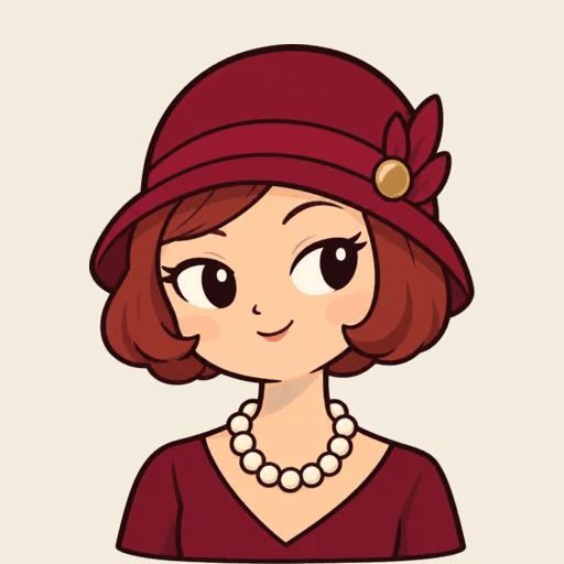 A woman with an auburn bob, oxblood cloche hat and pearls