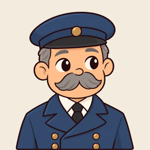 A chauffeur with a grey walrus moustache and navy peaked cap