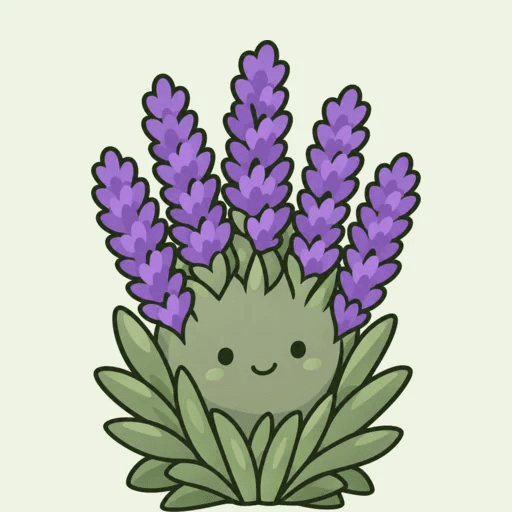 Purple lavender spikes over a smiling grey-green tuft