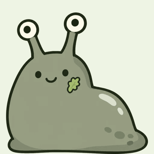 A smug grey-green slug with a lettuce crumb on his cheek