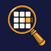 A brass magnifying glass over a 3 by 3 grid with one glowing square, on midnight indigo