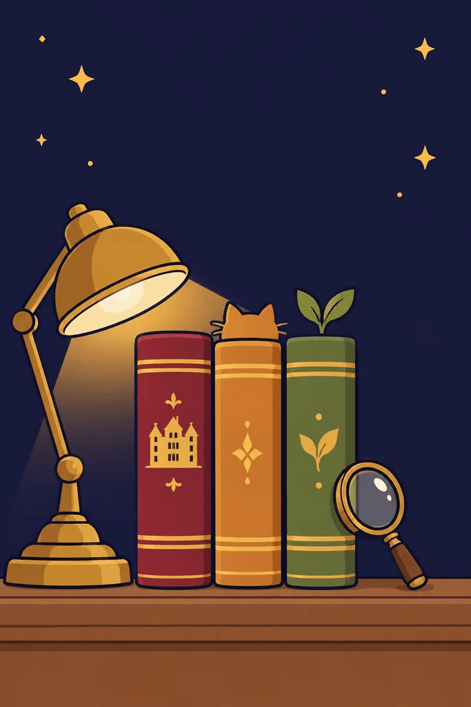 Three storybooks for the manor, café and garden under a brass desk lamp at night