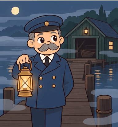 Edmund Pike with a lantern on a misty jetty by a boathouse