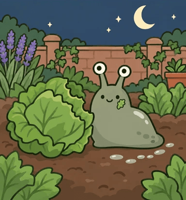 Sid the slug beside a nibbled lettuce under a crescent moon