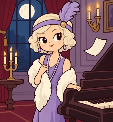 Delphine Roux beside a grand piano in a moonlit music room