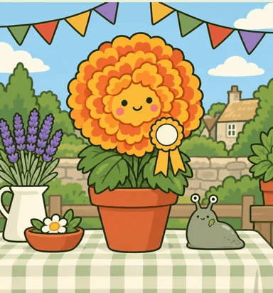 Marigold in a pot wearing a rosette under fête bunting