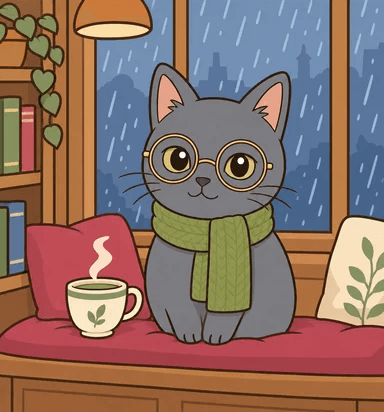 Professor Earl on a window seat on a rainy day with a teacup