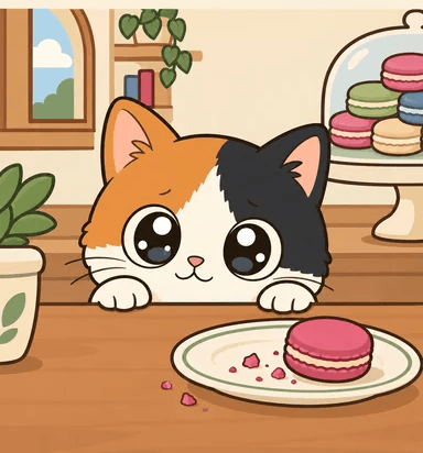 Pip peeking over the counter next to a plate with one macaron
