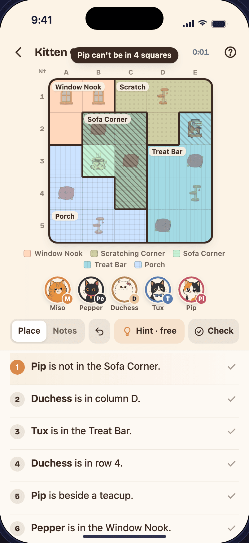Cat Café board with a clue highlighted