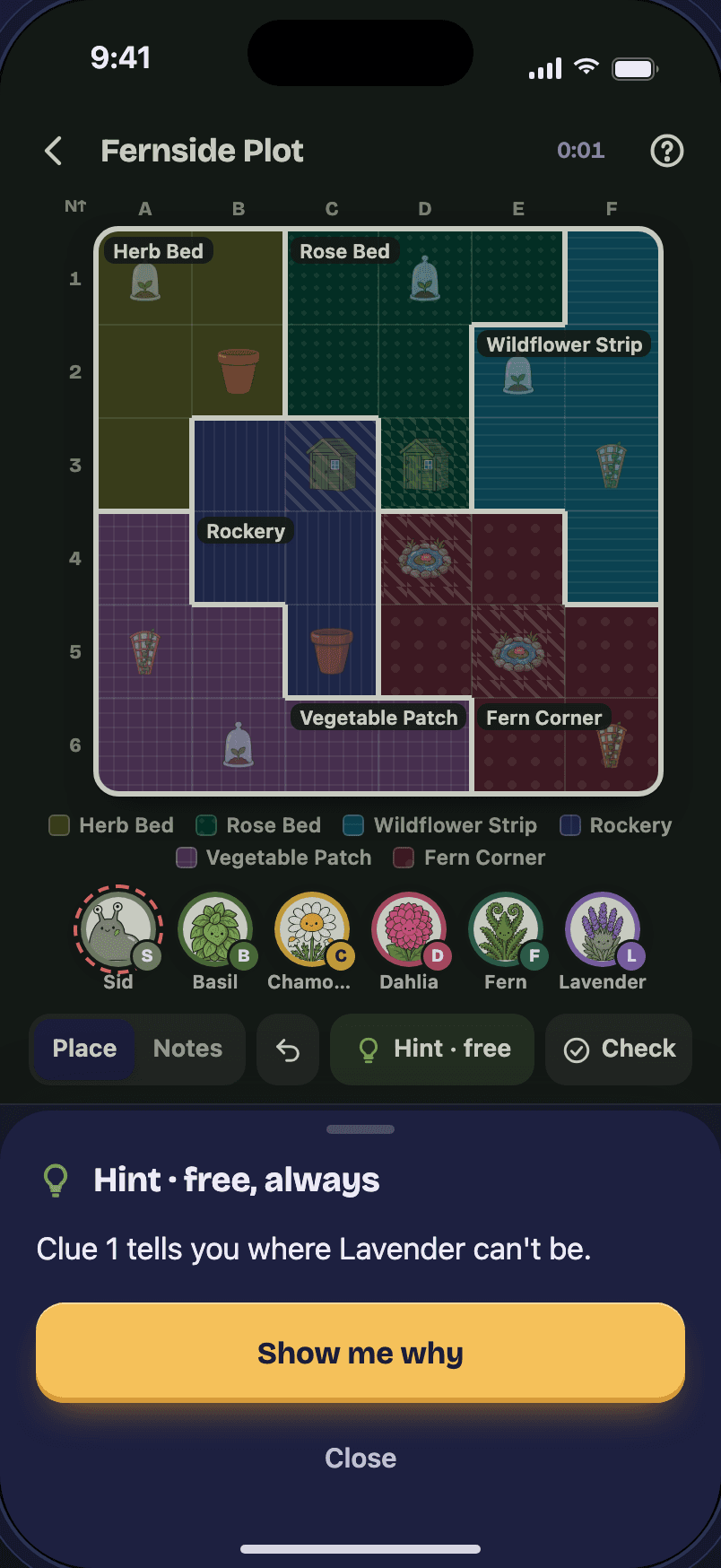 A free hint in Gardoku, dark mode