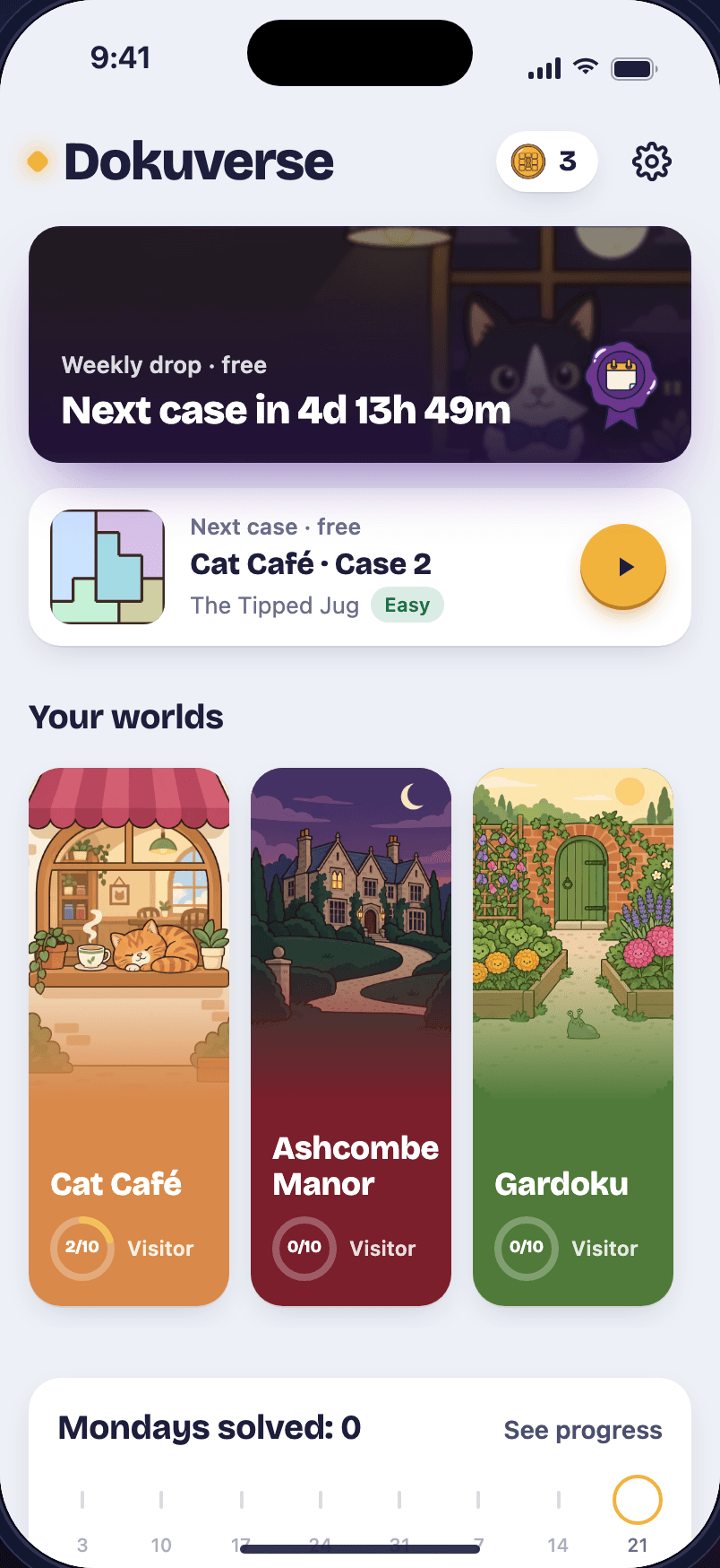 Home with the weekly case and three worlds