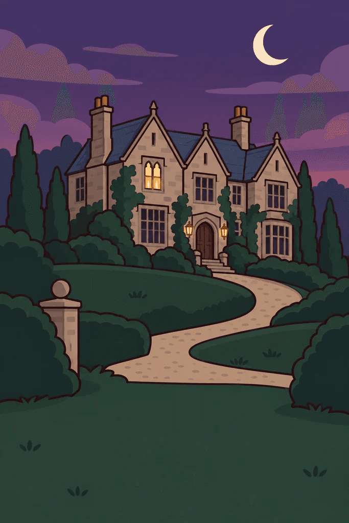 A gabled manor at dusk under a crescent moon, windows lit