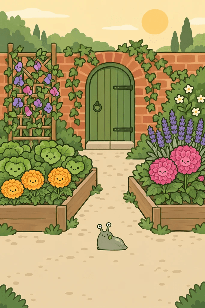 A walled kitchen garden at sunrise with raised beds and a green door